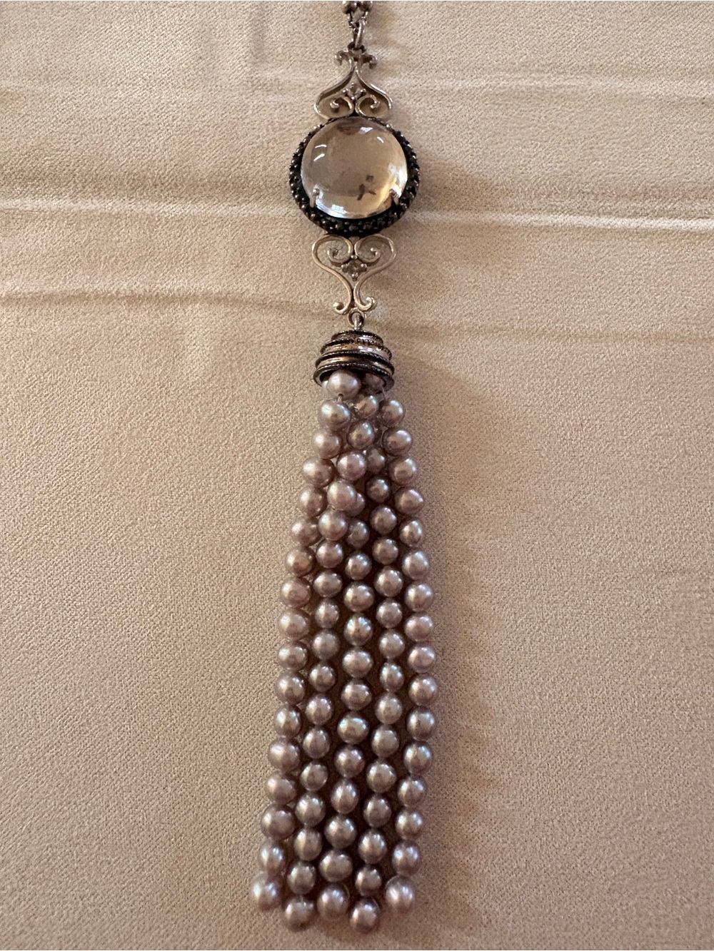 Sterling Silver Tassel Necklace With Light Grey Pearls